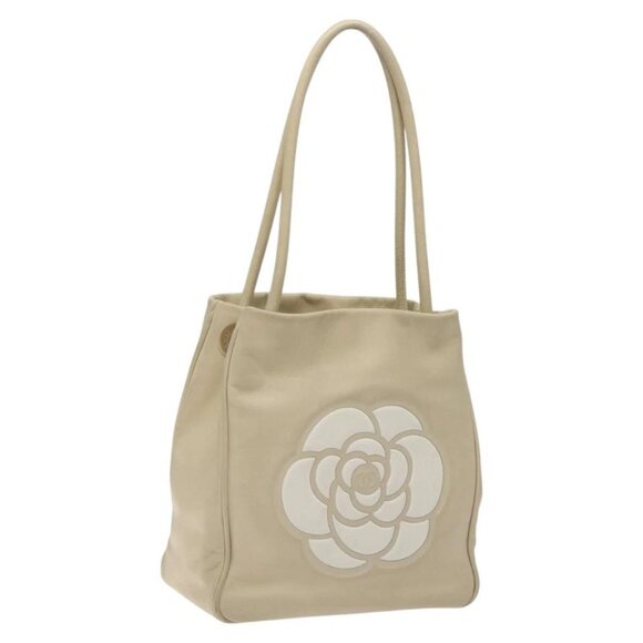 CHANEL Camelia Tote Bag Lamb Skin Beige Gold - Picture 1 of 16